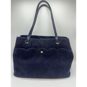 LC Lauren Conrad Navy Blue Faux Suede Scalloped Shoulder Tote Gold Hardware